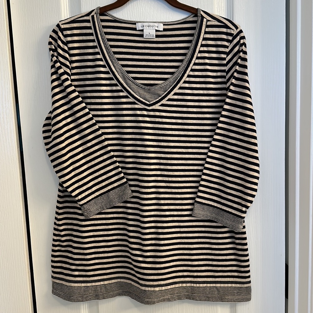 Liz Claiborne Cotton Dark Navy and Cream Mariner Stripe Elbow Sleeve Large Top